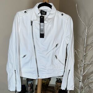 NWT D-ID M White Denim Biker Jacket zipper cuffs, angled zipper front, epaulets